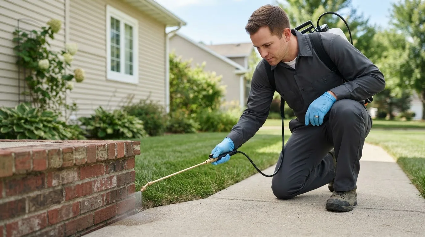 Pest control technician treating a home near Nashua, MT